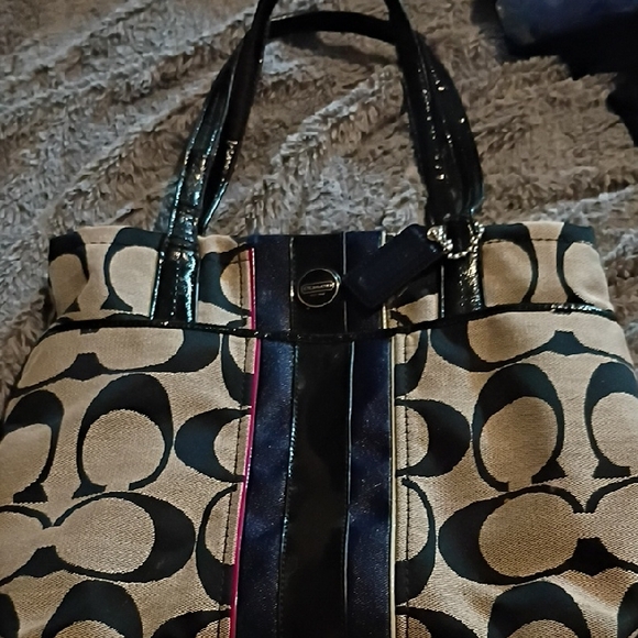 Coach Black and Tan Signature Stripe Tote - Picture 1 of 6